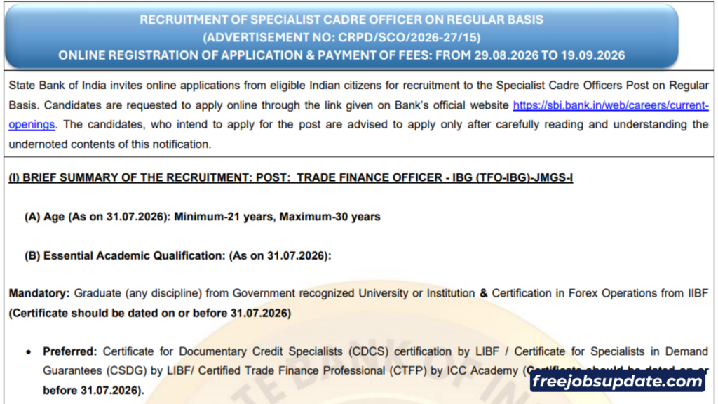Sbi trade finance officer recruitment 2026 notification
