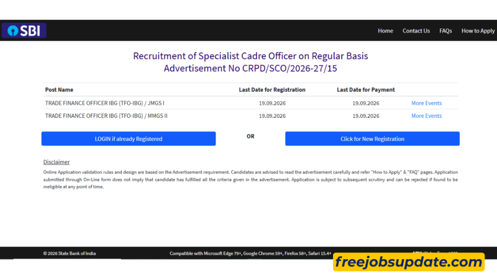 Sbi trade finance officer recruitment 2026 official website